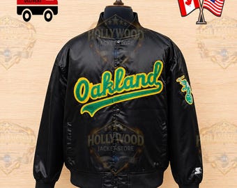 Oakland Inspired Varsity Jacket Black Satin Bomber Jacket Green Yellow Letterman Jacket Streetwear Baseball Jacket Unisex Gift for him