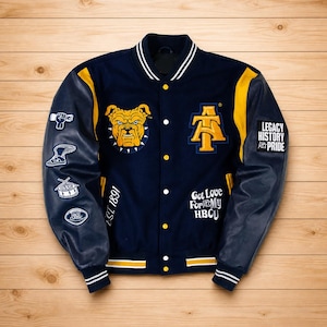 HBCU Varsity Jacket Aggie Pride Bulldog Letterman Jacket Navy Gold Wool Leather College Bomber Custom University Gift Unisex