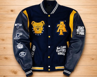 North Carolina A&T Aggie Pride Varsity Jacket, HBCU Letterman Jacket Navy Yellow, Custom College Bomber Jacket, Leather Sleeve Varsity Coat