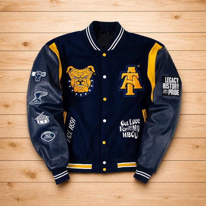 HBCU Varsity Jacket Aggie Pride Bulldog Letterman Jacket Navy Gold Wool Leather College Bomber Custom University Gift Unisex