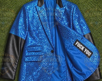 Blue Red Purple Sequin Blazer Jacket, Ghost Cosplay Concert Outfit, Gothic Glam Rock Fashion Coat Gothic Cosplay Halloween