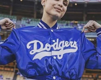 Blue Satin Varsity Jacket, Dodgers Style Bomber Jacket, Retro Baseball Jacket, Vintage Streetwear Jacket, Custom Team Jacket Gift for him