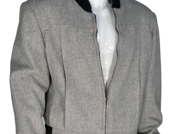 Men's Grey Wool Blend Bomber Jacket: Minimalist Zip-Up, Ribbed Collar Streetwear