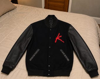Kavinsky Varsity Jacket Black Wool & Faux Leather Bomber Jacket Retro Synthwave Letterman Jacket Unisex Custom Gift Streetwear Coat