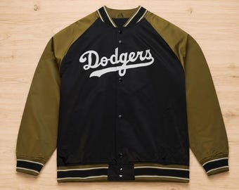 Los Angeles Dodgers Satin Bomber Jacket Black Olive, Baseball Varsity Jacket, Retro Button Up Jacket, Unisex Streetwear Gift