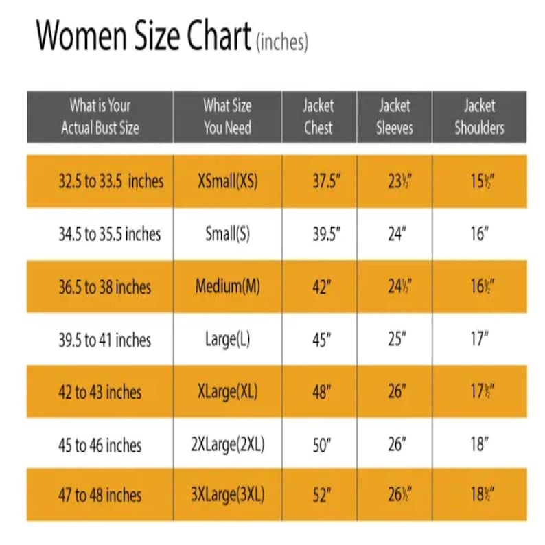 May include: A women's size chart in inches, with bust size, jacket chest, sleeves, and shoulder measurements. Sizes range from XSmall to 3XLarge. The chart includes measurements for jackets, providing a guide for accurate sizing.