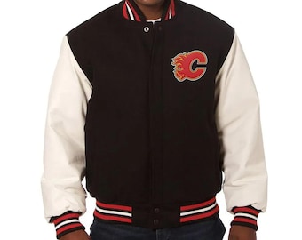 Calgary Flames Style Varsity Jacket – Black Wool Leather Sleeve Letterman Jacket, Men’s Baseball Jacket, Custom Sports Jacket Gift for him