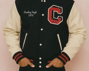 Cooley High Varsity Jacket Black & Cream Letterman Jacket 1975 Vintage Style Wool Leather Sleeve College Bomber Jacket Unisex
