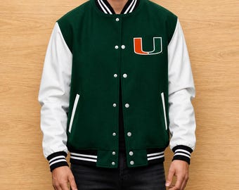 Miami Hurricanes Varsity Jacket Green White, College Letterman Jacket, Custom University Bomber Jacket, Vintage Style Streetwear Coat