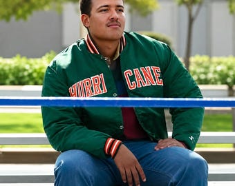 Miami Hurricanes Satin Bomber Jacket Green Starter Style Vintage NCAA Varsity Jacket Retro College Football Jacket for Men and Women