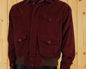 Red Corduroy Bomber Jacket Men Vintage Style Jacket Ribbed Hem Casual Retro Winter Coat Gift for Him Classic 90s Inspired Jacket