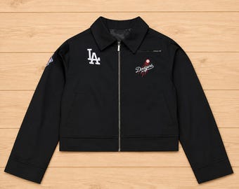 Women's Los Angeles Dodgers Black Cropped Jacket, LA Embroidered Mechanic Jacket, Script Back Baseball Fashion Streetwear Coat