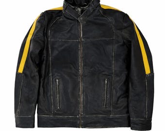 Men’s Black Leather Jacket with Yellow Stripe | Biker Style Moto Jacket | Vintage Distressed Leather Coat | Streetwear Fashion Jacket