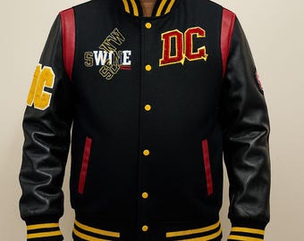 Washington DC Varsity Jacket Black Red Letterman Jacket Wool Faux Leather Sleeve College Jacket Custom Streetwear Bomber Unisex