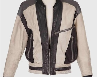 Vintage Style Two Tone Leather Jacket Men Beige Black Bomber Jacket Retro 80s Inspired Streetwear Zip Up Biker Jacket Unisex Fashion Coat