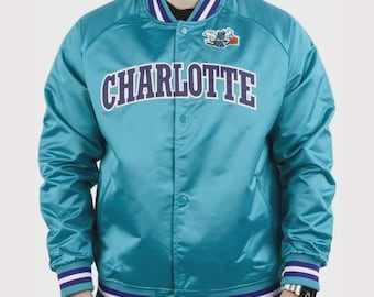 Charlotte Teal Satin Varsity Jacket – Retro Basketball Bomber Jacket, Vintage Sports Streetwear Coat, Unisex Letterman Jacket Gift for him