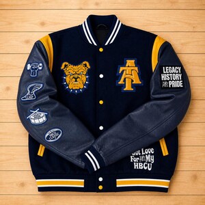 Aggie Pride Varsity Jacket | HBCU Legacy Letterman Coat | NCAT Bulldog Embroidered Jacket Custom HBCU Gift | Wool & Leather Bomber Halloween