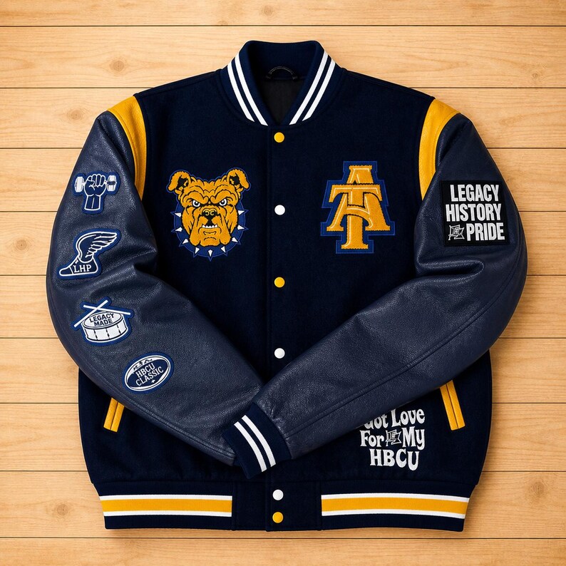 Aggie Pride Varsity Jacket | HBCU Legacy Letterman Coat | NCAT Bulldog Embroidered Jacket Custom HBCU Gift | Wool & Leather Bomber Halloween