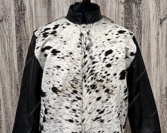 Black White Cowhide Style Leather Jacket, Western Rancher Cowboy Coat, Faux Fur Print
