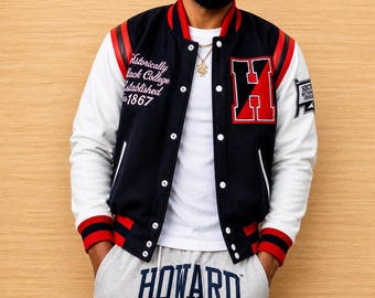 HBCU Varsity Jacket Men | Custom Letterman Jacket Black Red White | Historically Black College 1867 Jacket | Wool Leather Bomber Jacket
