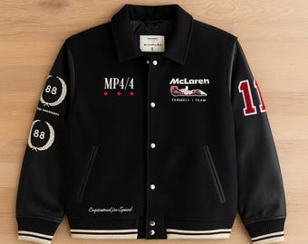 Retro Motorsport Varsity Jacket Black 1988 Style Letterman Jacket Custom Number Streetwear Unisex Racing Inspired Coat