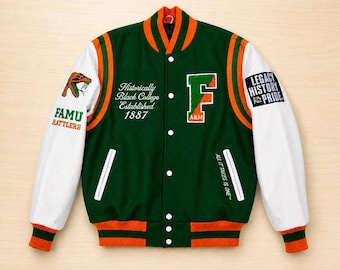 FAMU Rattlers Varsity Jacket Green Orange Letterman Jacket HBCU College Jacket Wool Body Leather Sleeves Custom Streetwear