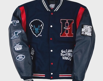 HBCU Varsity Jacket Navy Black Wool Leather Letterman Jacket Custom College Style Bomber Jacket Embroidered Patch Streetwear