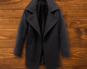 Black Wool Blend Long Coat Men Wide Collar Overcoat Minimalist Winter Jacket Classic Streetwear Coat Elegant Outerwear Gift for him