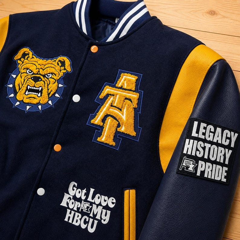 North Carolina A&T Aggies Varsity Jacket Black Gold HBCU Letterman Jacket Aggie Pride Bomber Wool Leather Sleeves College Patch Coat