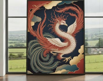 Phoenix Wall Art Print – Japanese Mythical Bird Poster, Traditional Ink Artwork, Rebirth and Strength Decor