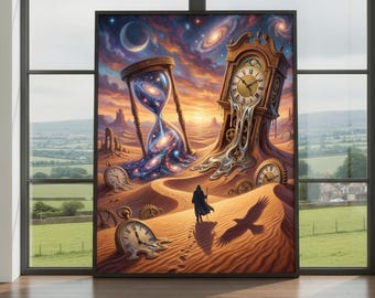 Surreal Time and Space Wall Art Print – Cosmic Desert Poster, Melting Clock Artwork, Galaxy Hourglass Decor