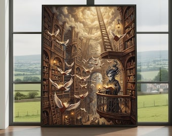 Surreal Library of Knowledge Wall Art Print – Fantasy Book Heaven Poster, Magical Literary Artwork, Dreamlike Reading Decor