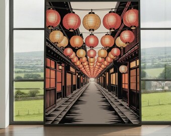 Lantern Street Wall Art Print – Japanese Festival Poster, Cultural Nightscape Artwork, Warm Glow Decor