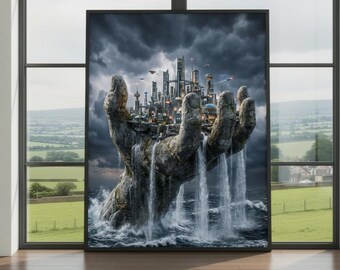 Surreal City in the Hand Wall Art Print – Futuristic Ocean Poster, Power of Creation Artwork, Stormy Sky Decor