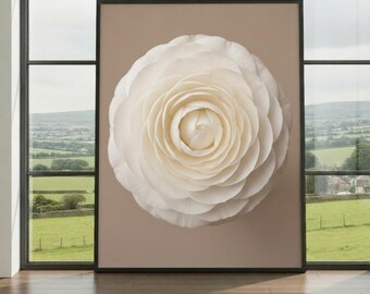 White Ranunculus Wall Art Print – Neutral Floral Photography Poster, Minimalist Botanical Home Decor
