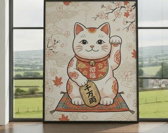 Lucky Cat Wall Art Print – Japanese Maneki‑Neko Poster, Fortune Symbol Artwork, Traditional Cultural Decor