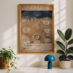 May include: A framed scientific poster titled TITAN, featuring a detailed geological map of Saturn's moon. The print displays labelled regions like Kraken Mare and Menrva Crater in shades of tan, brown, and dark blue, with technical data and keys.