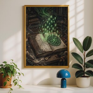 May include: A framed wall art print depicting an open, weathered book with intricate diagrams and a glowing green circular emblem emitting floating runic symbols. The scene includes stacked books labeled Arcana, Occulta, and De Secretis.