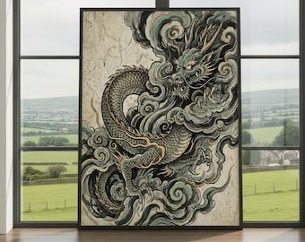 Japanese Dragon Wall Art Print – Mythical Creature Poster, Traditional Ink Artwork, Power and Strength Decor