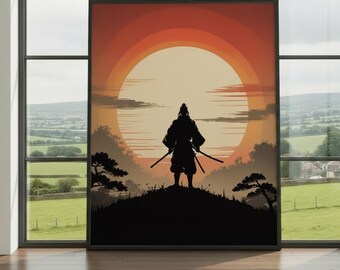 Samurai Sunset Wall Art Print – Japanese Warrior Poster, Traditional Silhouette Artwork, Courage and Honor Decor