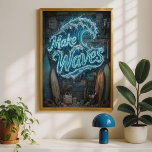 May include: A framed wall art print featuring a glowing neon blue wave design with the text "Make Waves" centered. The background depicts a rustic wooden wall adorned with surfboards, ropes, small signs, and beach-themed items in blue and brown.