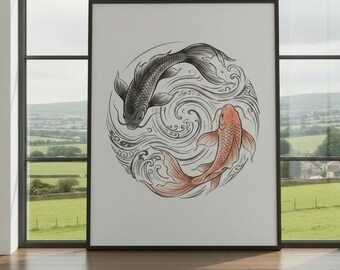Yin‑Yang Koi Wall Art Print – Japanese Symbolism Poster, Traditional Ink Artwork, Harmony and Balance Decor