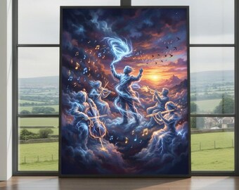 Surreal Symphony of the Sky Wall Art Print – Fantasy Music Poster, Lightning Orchestra Artwork, Dreamlike Cloud Decor
