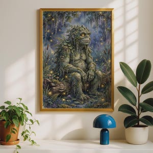 May include: A framed wall art print depicting a swamp creature with green, mossy skin and glowing yellow eyes, sitting on a fallen log in a dark forest setting filled with ferns, mushrooms, cattails, and floating golden fireflies.