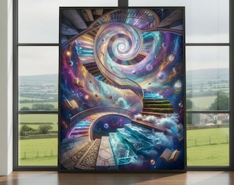 Surreal Spiral Staircase Wall Art Print – Infinite Cosmic Dreamscape Poster, Fantasy Architecture Artwork, Colourful Galaxy Decor