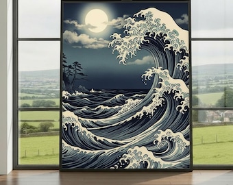 Moonlit Wave Wall Art Print – Japanese Ocean Poster, Traditional Ukiyo‑e Style Artwork, Tranquil Night Decor