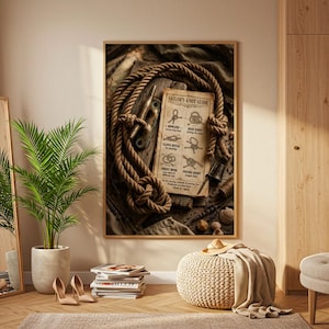May include: A framed wall art print titled Sailor's Knot Guide, featuring a detailed illustration of various nautical knots, a thick coiled rope, and a metal cleat on a dark wooden background, displayed in a light-coloured wooden frame.