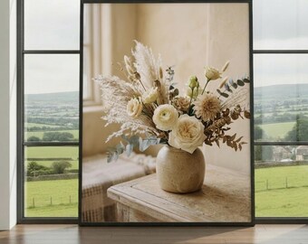 Neutral Floral Vase Wall Art Print – Beige Botanical Photography Poster, Japandi Cottagecore Home Decor