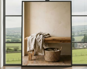 Minimalist Rustic Bench Wall Art Print – Japandi Interior Photography Poster, Neutral Scandinavian Decor