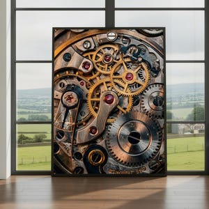 May include: A framed print showcasing the detailed mechanism of a watch. The gears are in gold and silver, with red jewels. The image is set against a blurred landscape background. The print is displayed in a room with a large window.